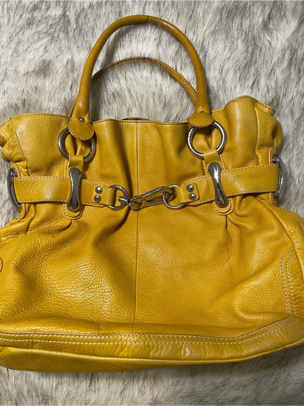 b. makowsky Yellow Leather Large Shoulder Bag with Silver Hardware
